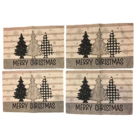 4 Piece Placemat Set Christmas Trees Merry Christmas Polyester 12x18in NEW beige - Picture 2 of 2